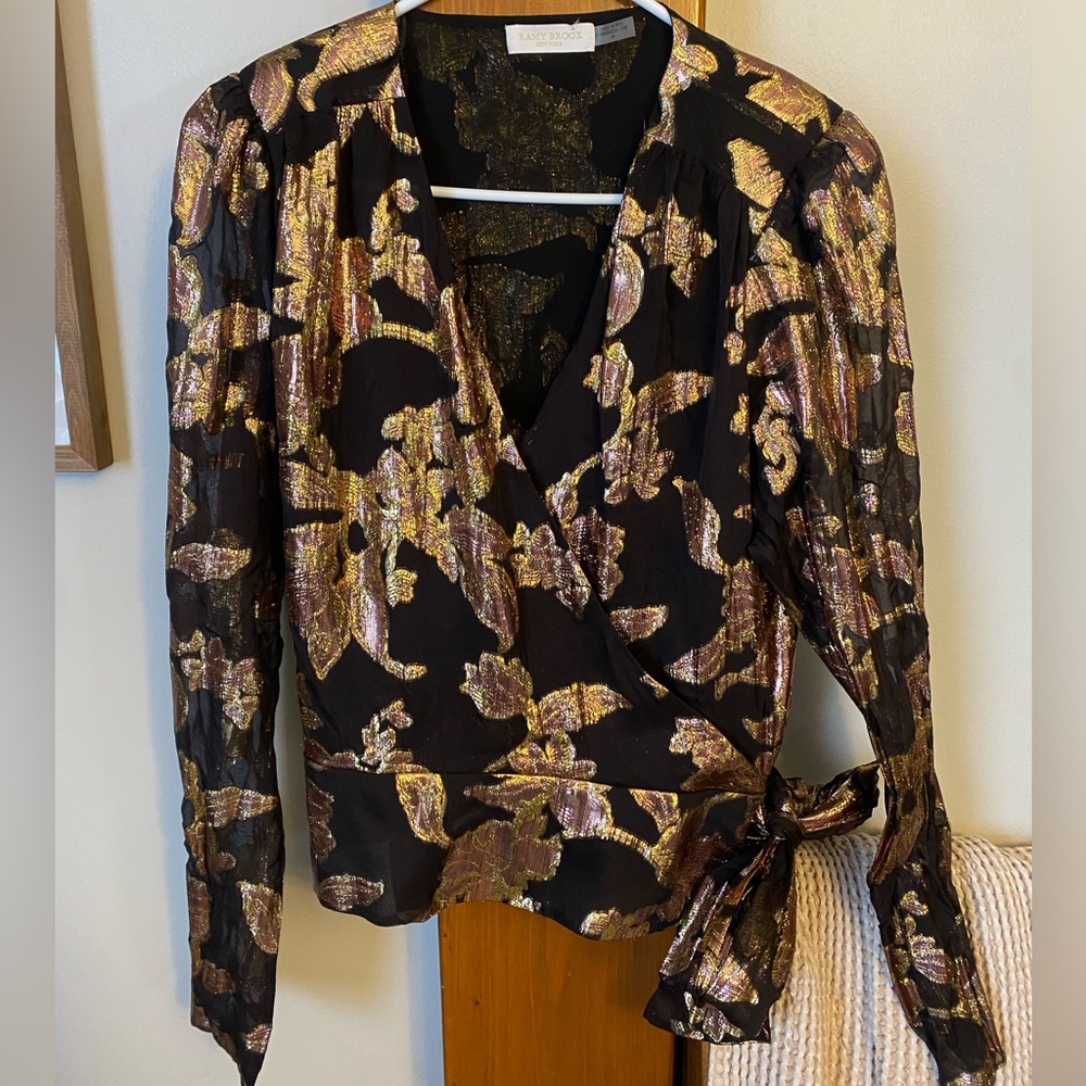 Ramy Brooke Blair Metallic Jacquard Wrap Blouse - size 10
